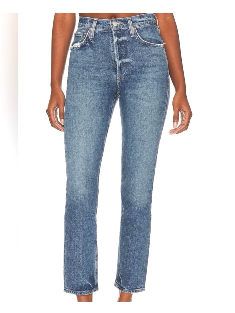 AGOLDE RILEY LONG HIGH RISE STRAIGHT LEG JEANS MILDLY DISTRESSED IN COVE Sz26x28